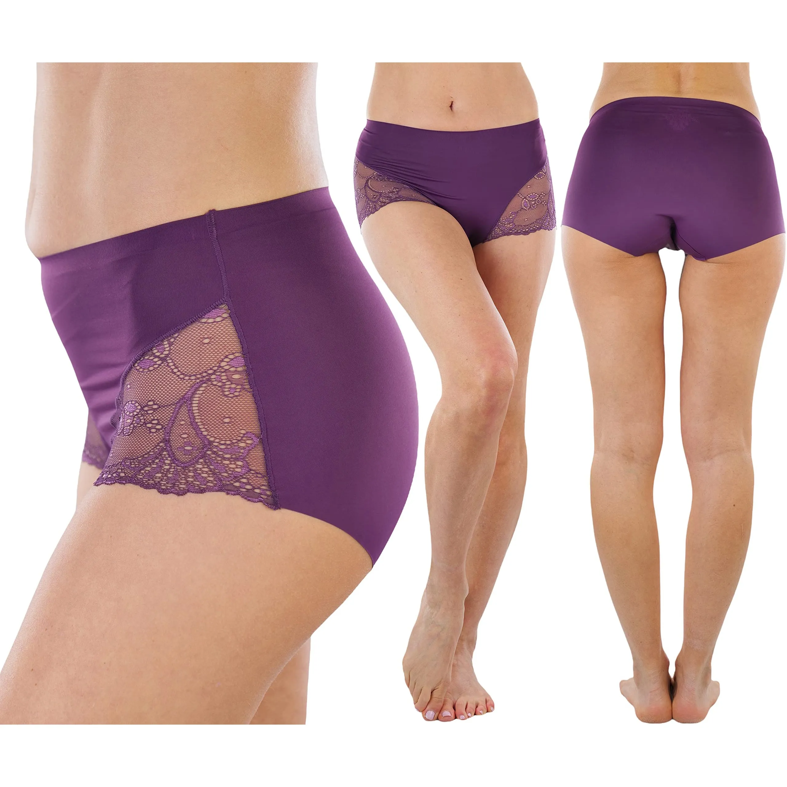 6-Pack: ToBeInStyle Women's High Waisted Seamless Laser Cut Side Lace Design Front Panties