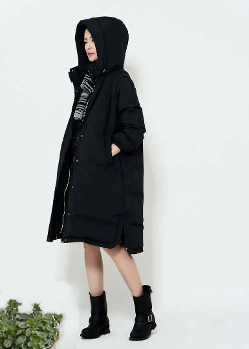 A -line Hooded Long Winter Duck Down Jacket Slit Down Jacket Women