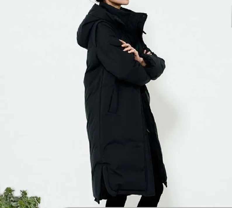 A -line Hooded Long Winter Duck Down Jacket Slit Down Jacket Women
