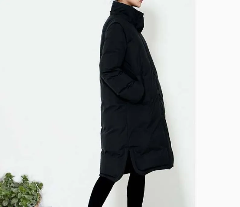A -line Hooded Long Winter Duck Down Jacket Slit Down Jacket Women