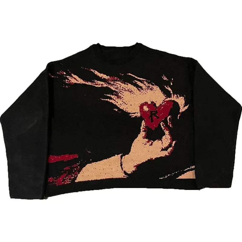 Back To School Joskaa 2024 Fall Fashion  Mens Women's Hip Hop goth Love flame abstract pattern Knitwear Sweaters Harajuku Loose Tops Streetwear Pullover Sweaters tops