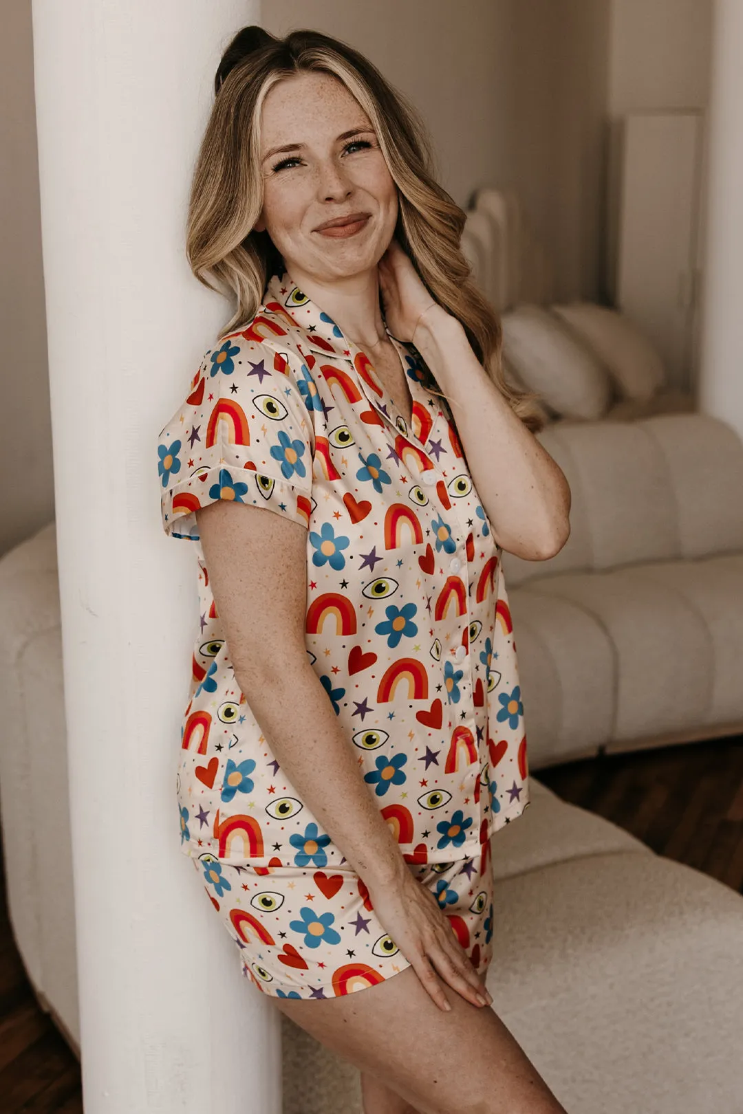 Beige Icons Satin Pajamas