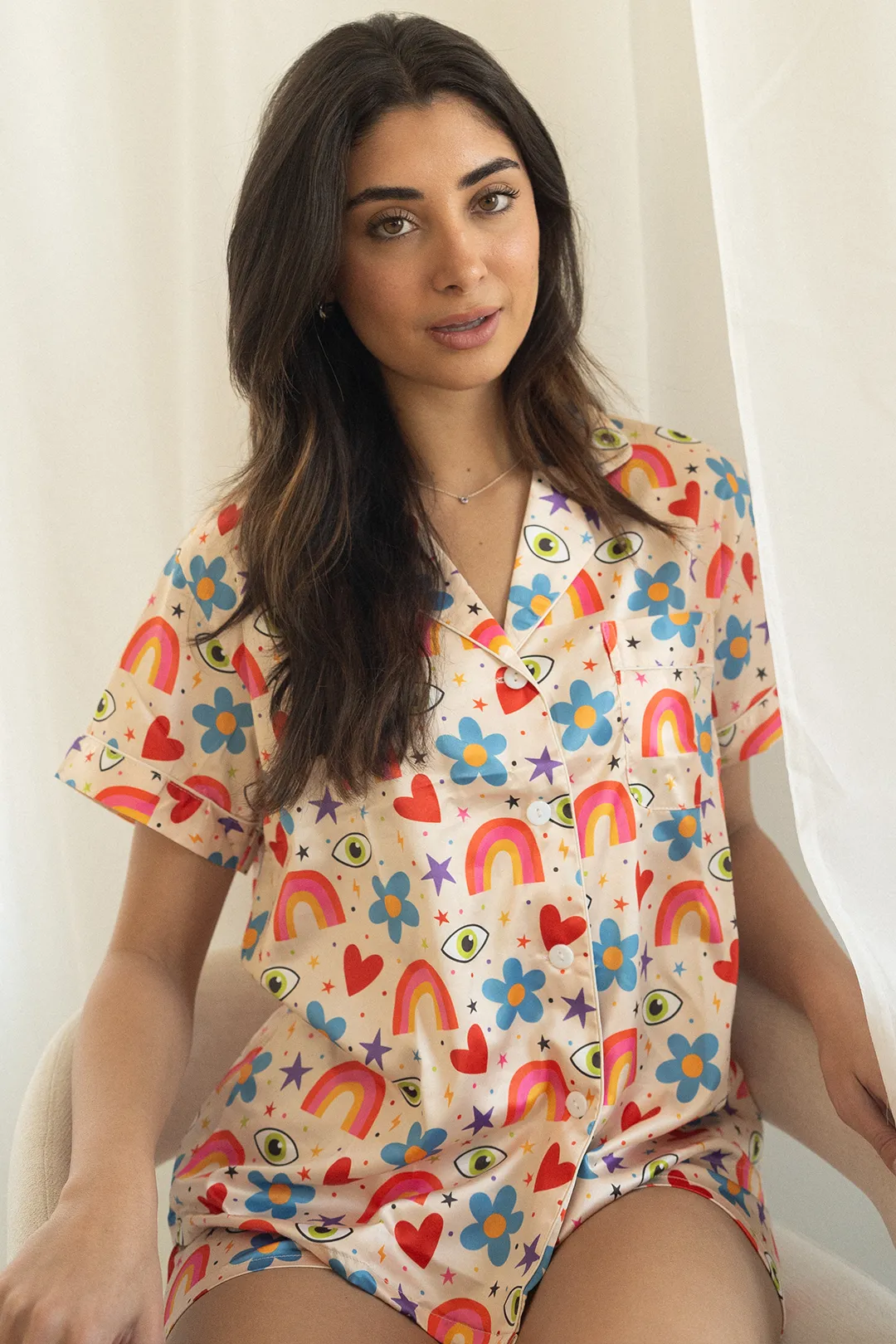 Beige Icons Satin Pajamas