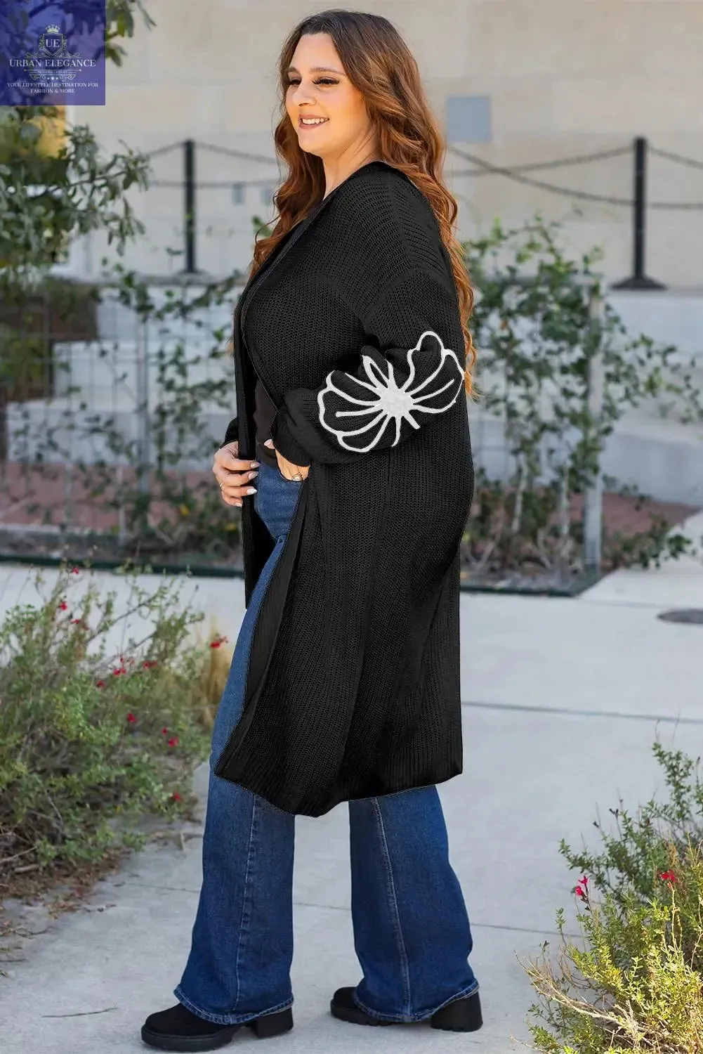 Black Floral Embroidered Open Front Cardigan