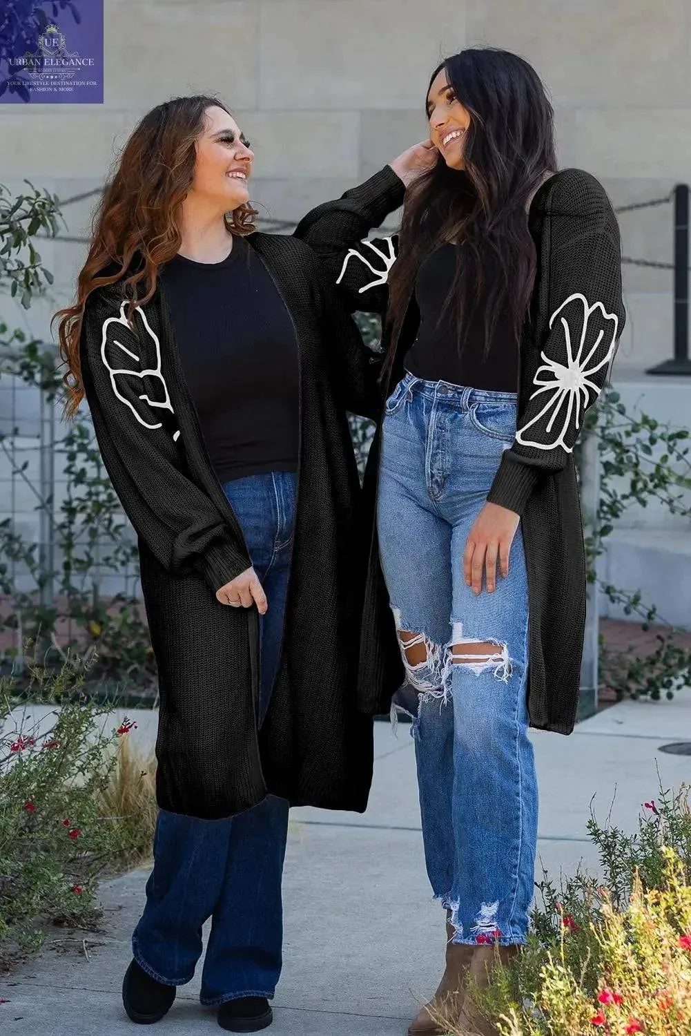 Black Floral Embroidered Open Front Cardigan