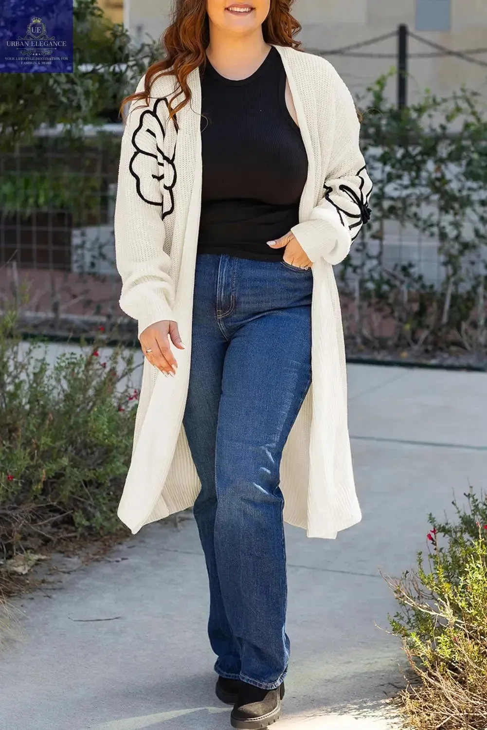 Black Floral Embroidered Open Front Cardigan