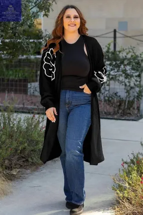 Black Floral Embroidered Open Front Cardigan