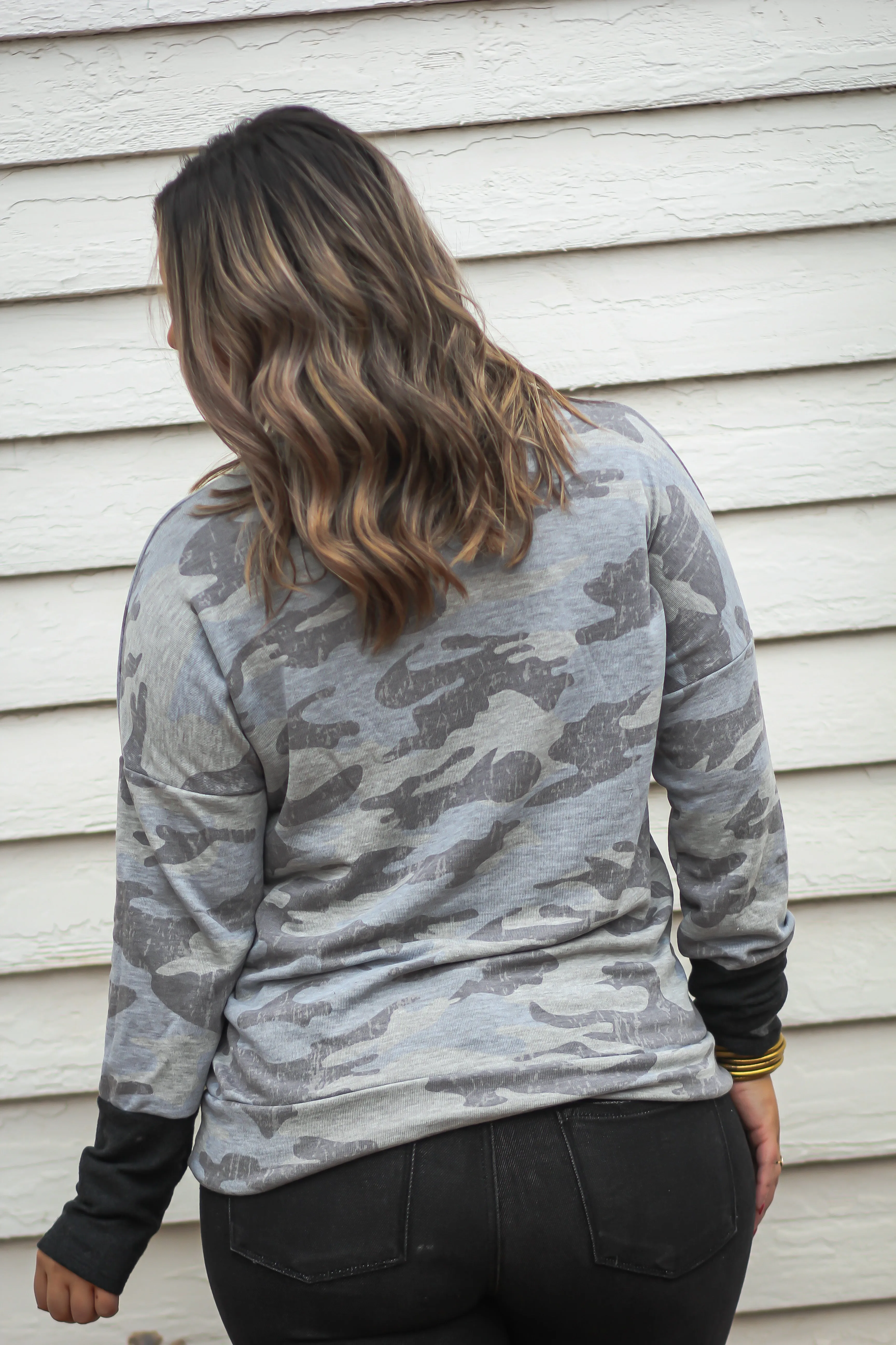Camo & Star Contrast Cowl Neck Top
