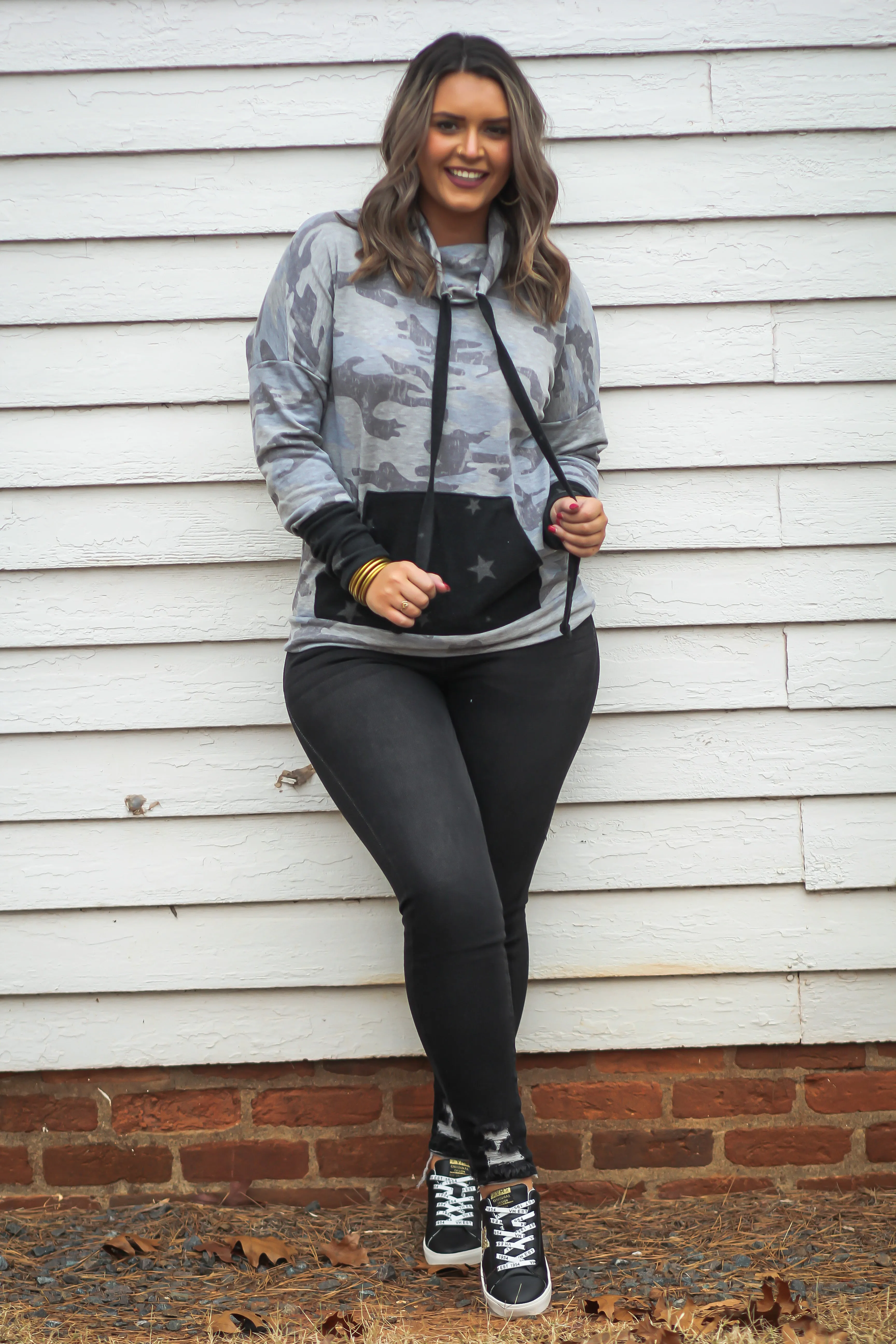 Camo & Star Contrast Cowl Neck Top
