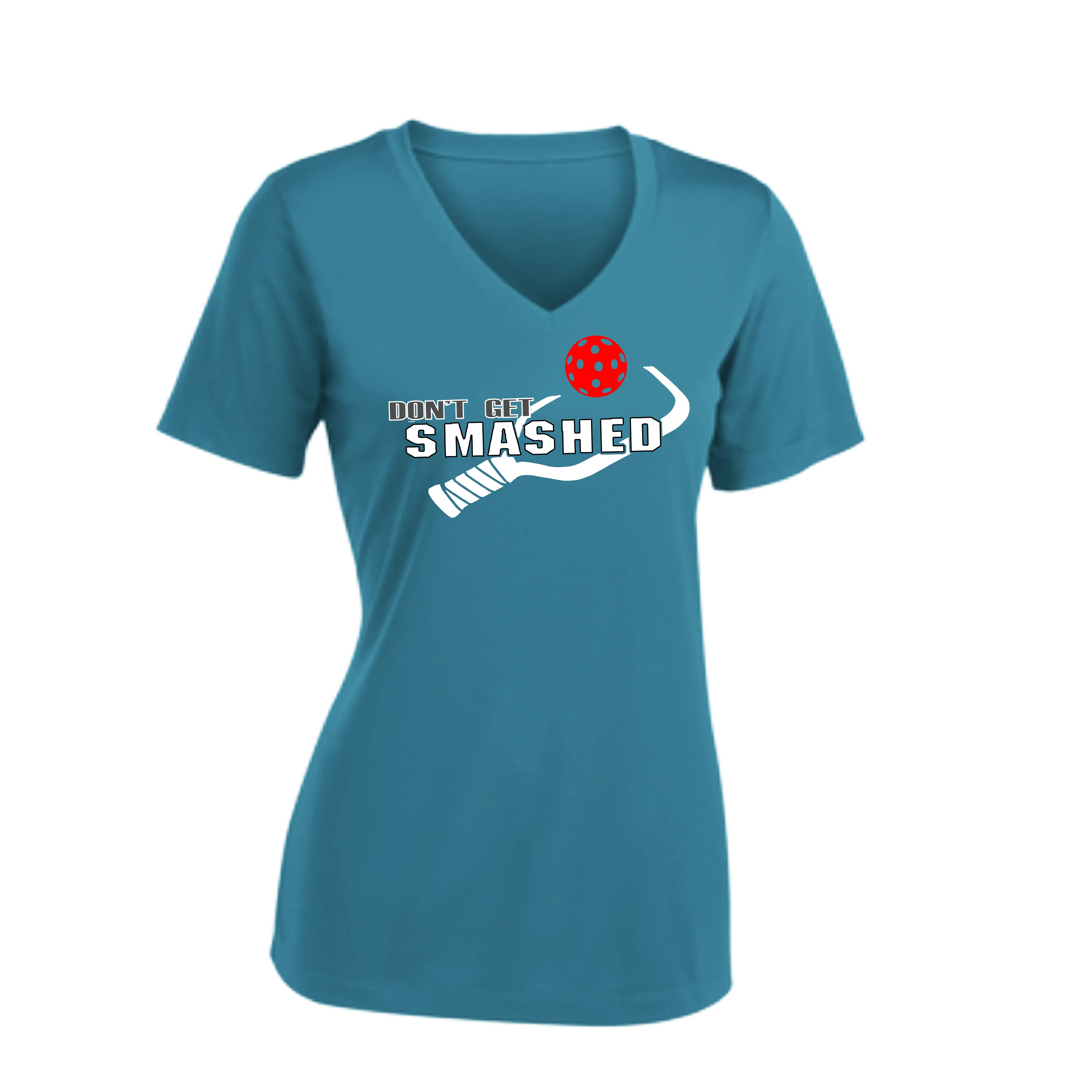 Don't Get Smashed Customizable Pickleballs (Red Green Rainbow) | Women's Short Sleeve V-Neck Pickleball Shirts | 100% Polyester