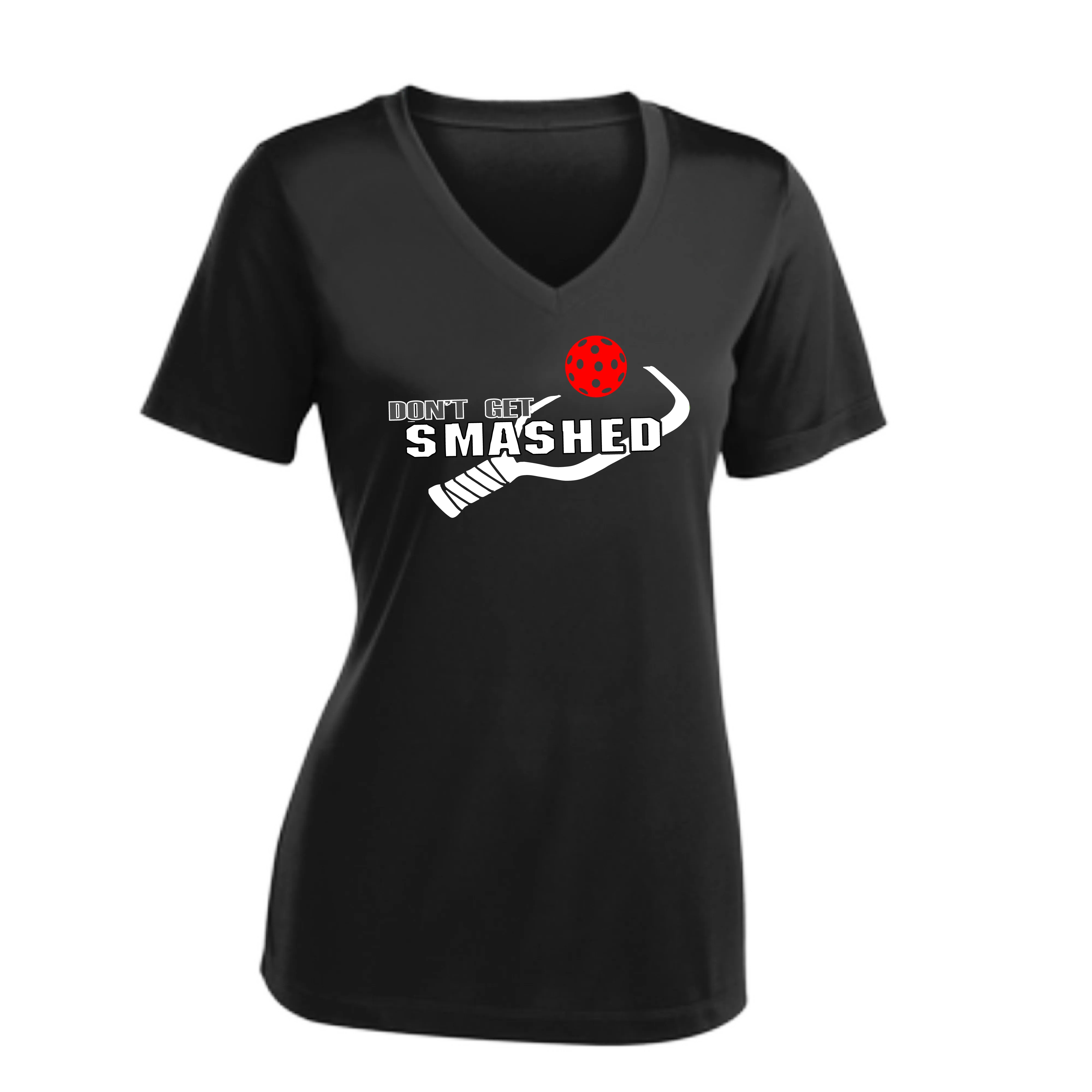 Don't Get Smashed Customizable Pickleballs (Red Green Rainbow) | Women's Short Sleeve V-Neck Pickleball Shirts | 100% Polyester