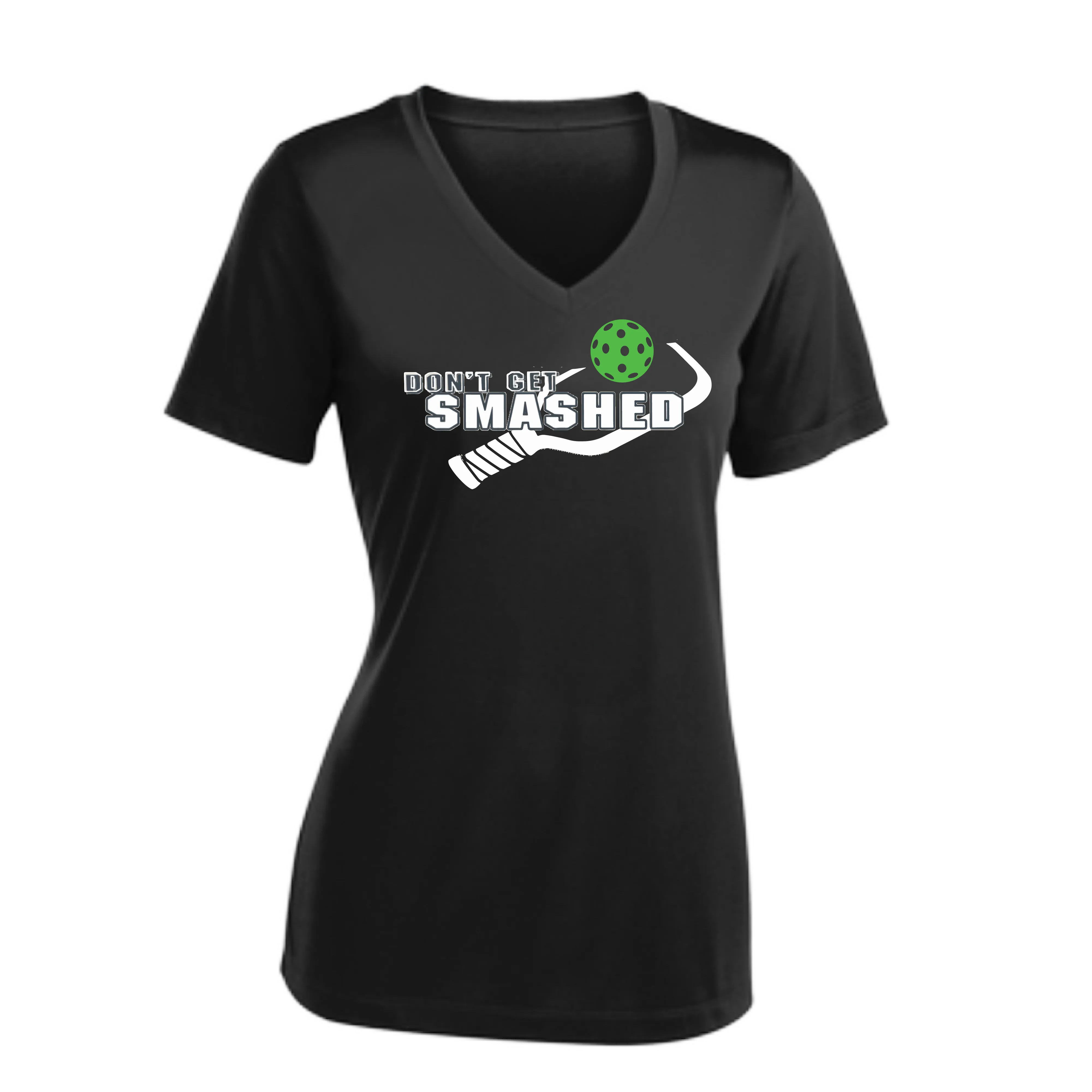 Don't Get Smashed Customizable Pickleballs (Red Green Rainbow) | Women's Short Sleeve V-Neck Pickleball Shirts | 100% Polyester