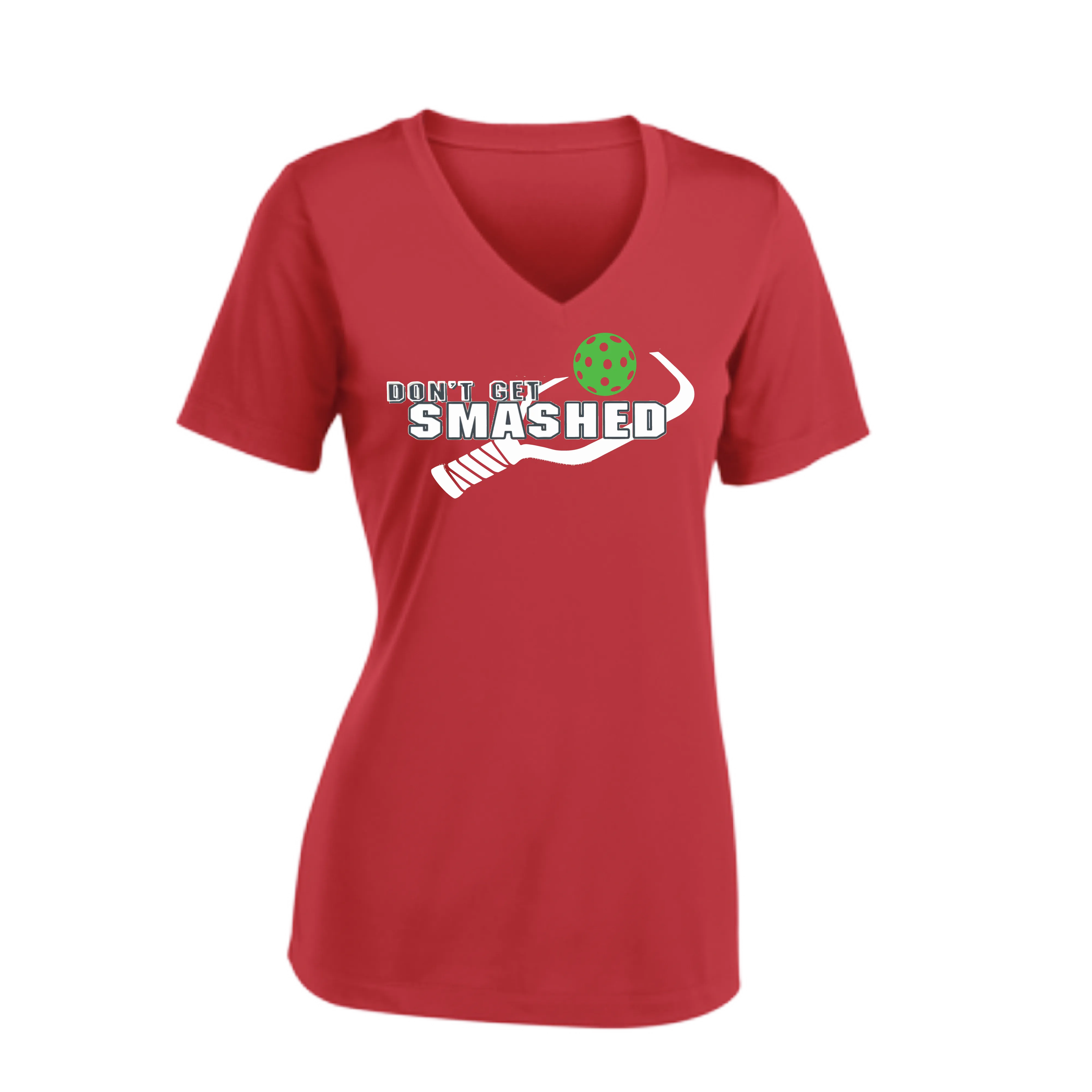 Don't Get Smashed Customizable Pickleballs (Red Green Rainbow) | Women's Short Sleeve V-Neck Pickleball Shirts | 100% Polyester