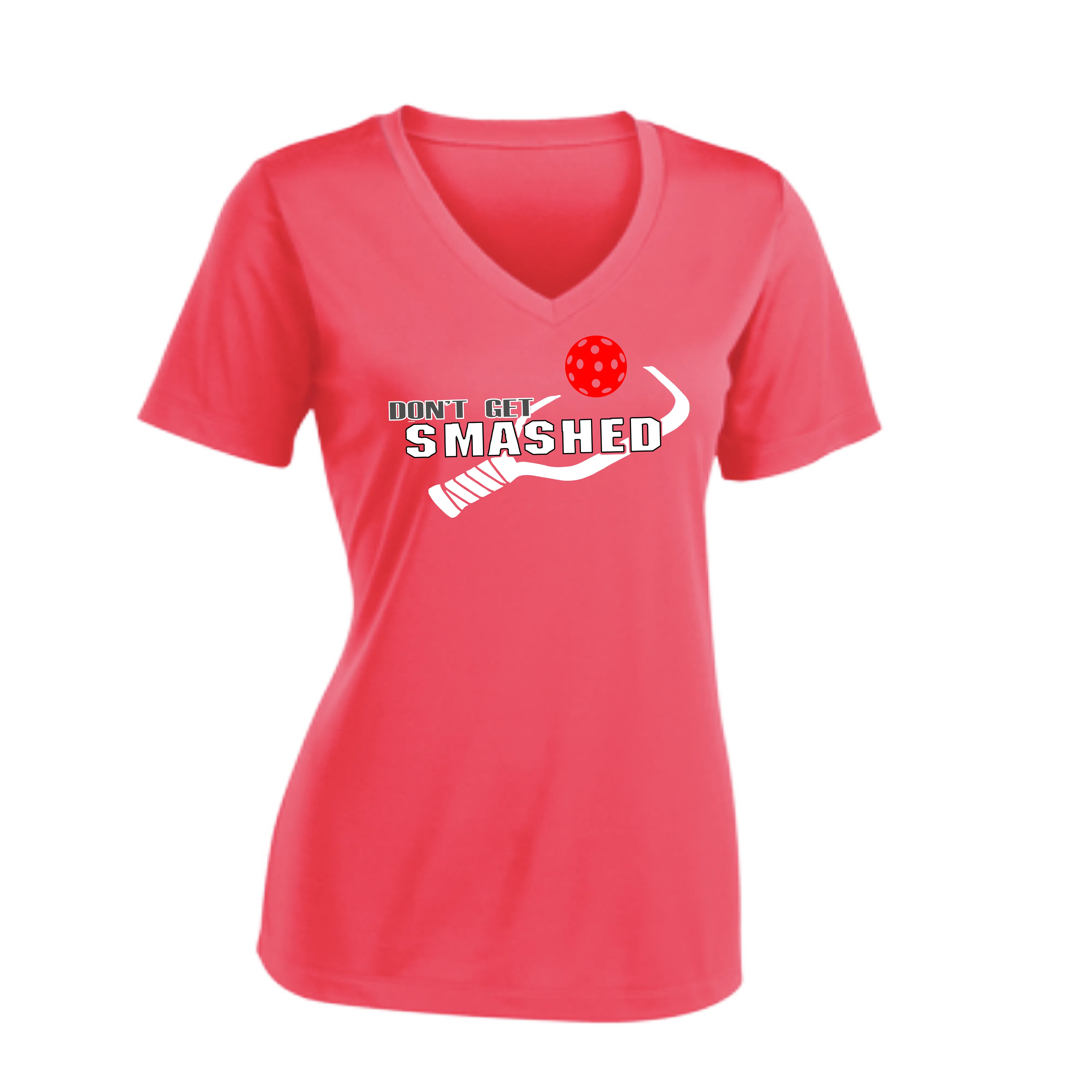 Don't Get Smashed Customizable Pickleballs (Red Green Rainbow) | Women's Short Sleeve V-Neck Pickleball Shirts | 100% Polyester