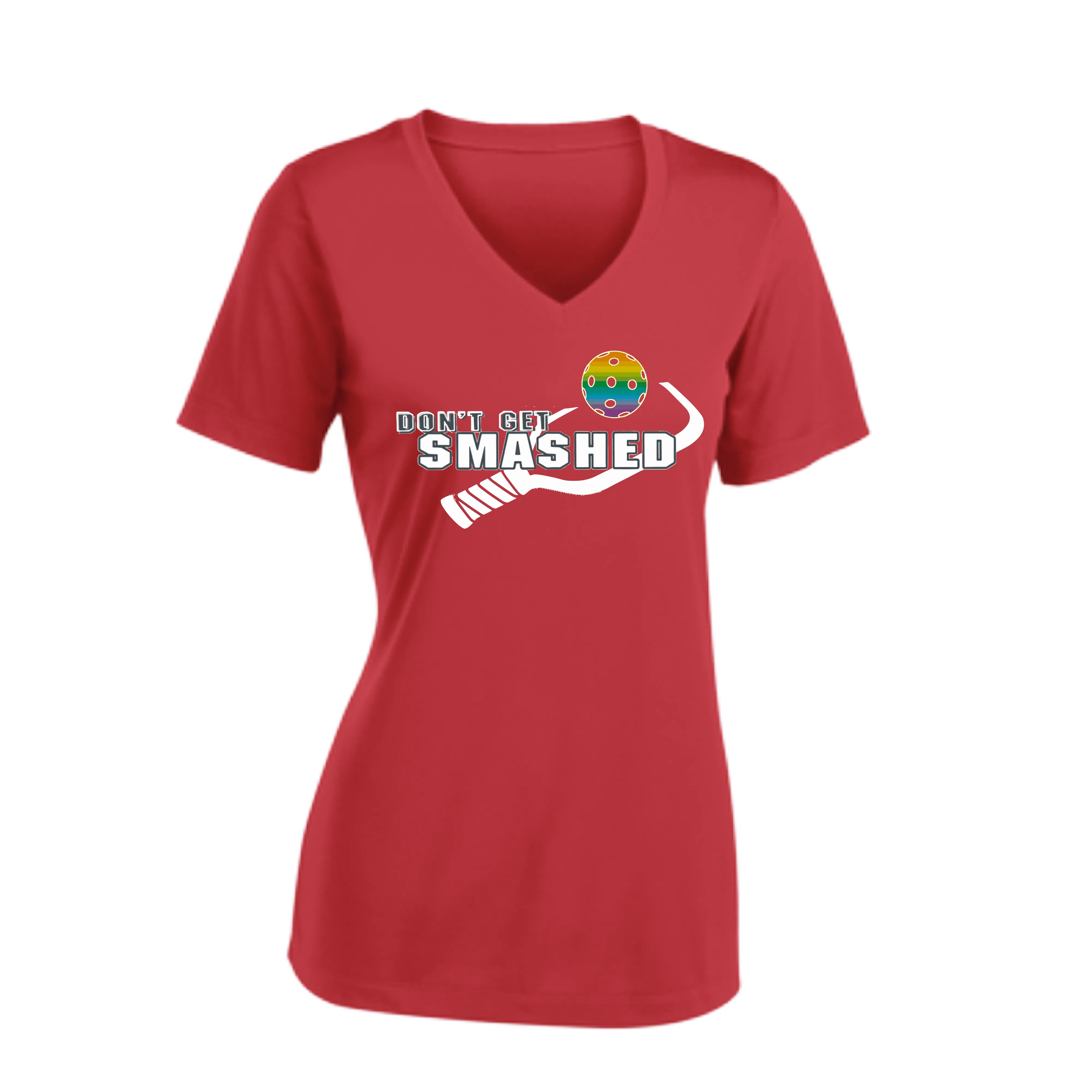 Don't Get Smashed Customizable Pickleballs (Red Green Rainbow) | Women's Short Sleeve V-Neck Pickleball Shirts | 100% Polyester
