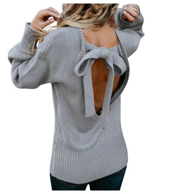 DressBetty - Women Sexy Backless Sweater New Fashion Long Sleeve Loose Bow Pullover Top Korean Harajuku Streetwear Jerseys