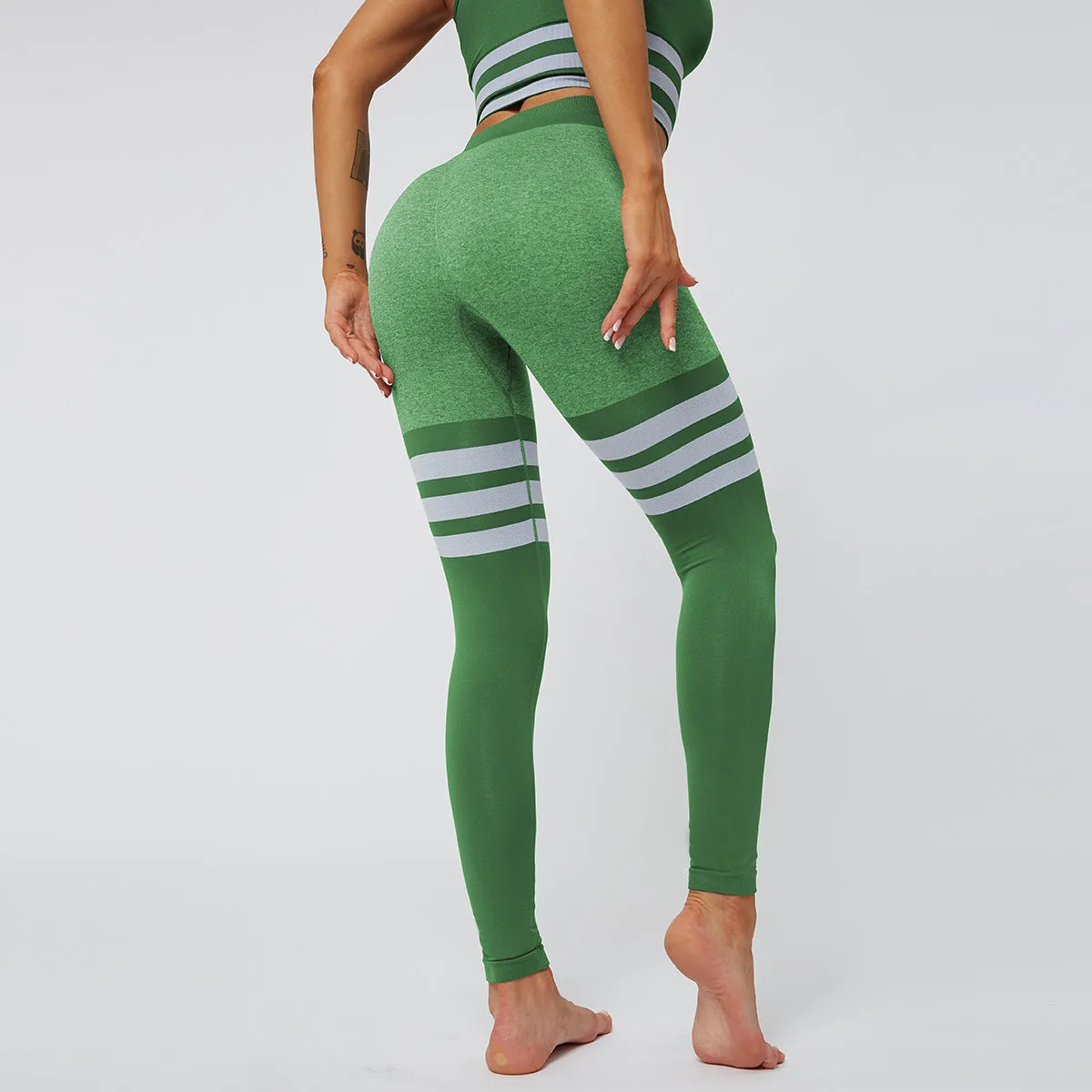 European and American Sexy Peach Hip High Waist Yoga Pants Women's Knitted Seamless and Breathable Striped Yoga Fitness Leggings