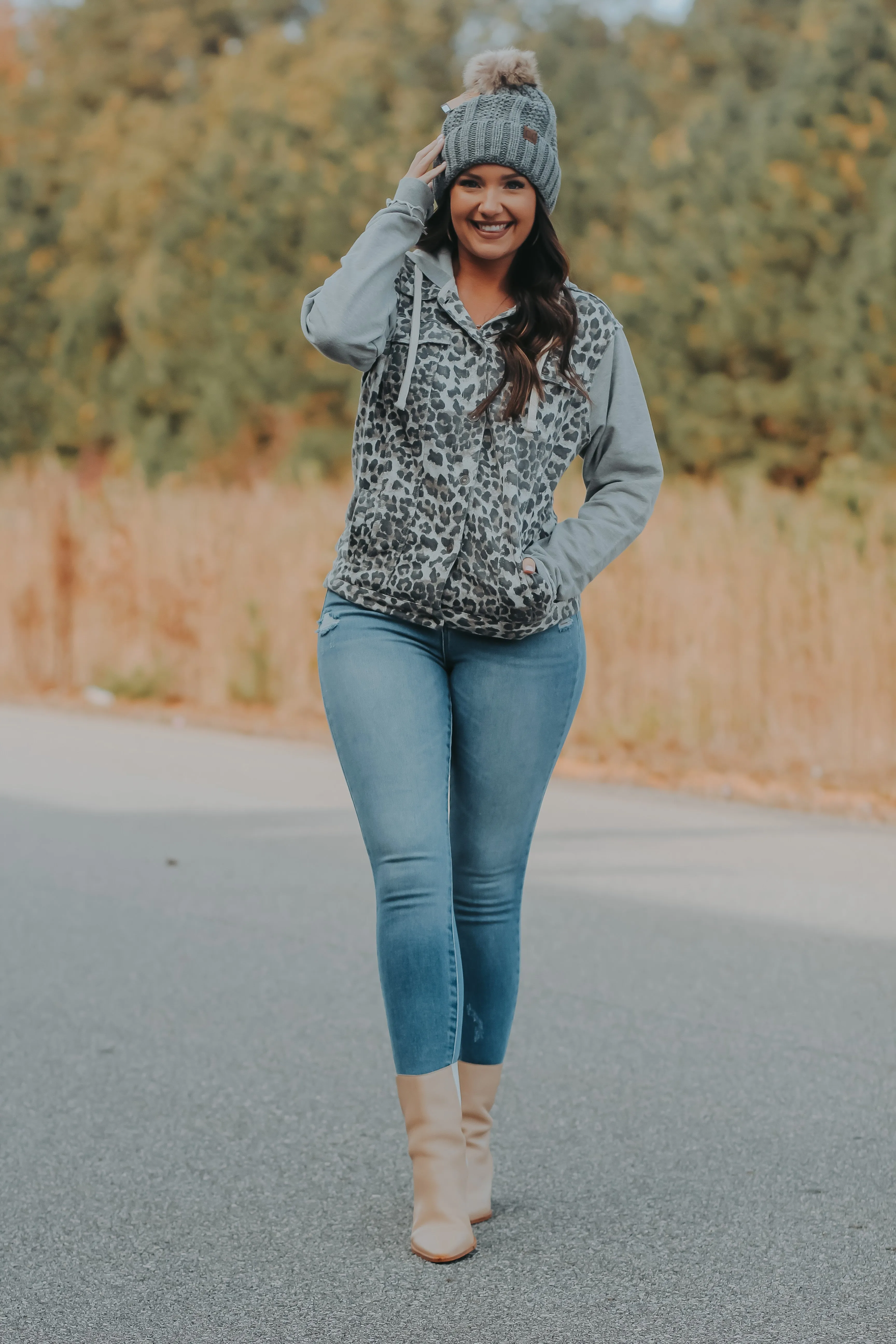 Heather Grey & Leopard Hooded Jacket In Regular & Curvy