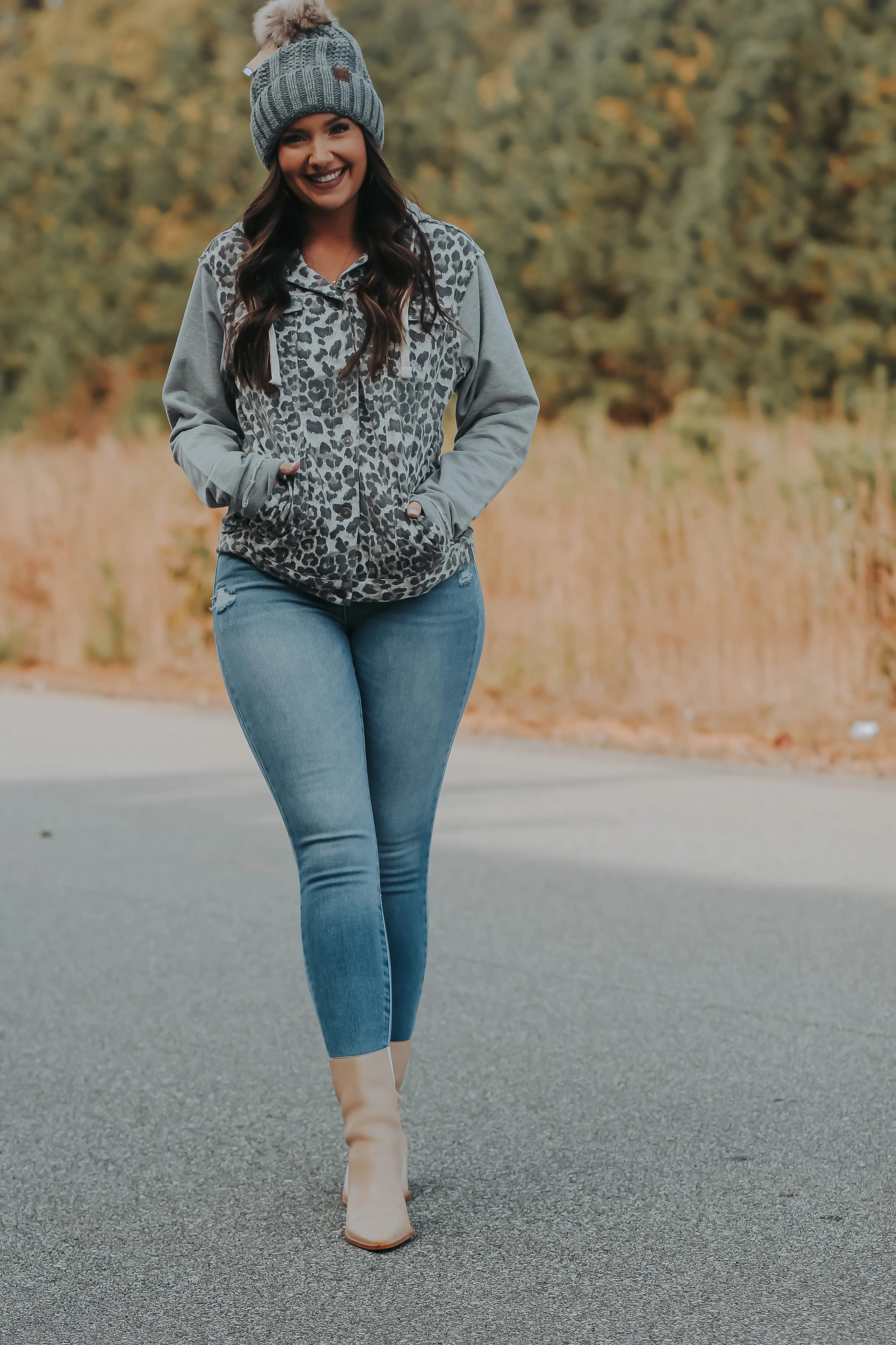 Heather Grey & Leopard Hooded Jacket In Regular & Curvy