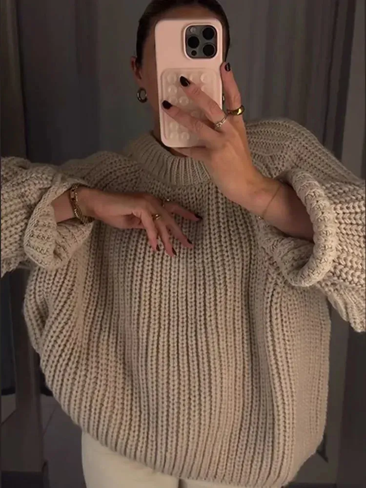 Joskaa Oversized Long Sleeve O-neck Knitted Pullover For Women Fashion Thick Short Crochet Sweaters Autumn Warm Lady Chic Outerwear