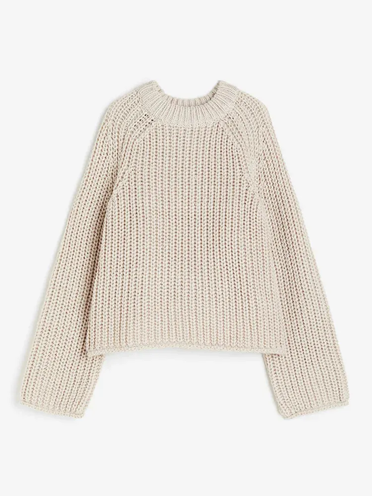 Joskaa Oversized Long Sleeve O-neck Knitted Pullover For Women Fashion Thick Short Crochet Sweaters Autumn Warm Lady Chic Outerwear