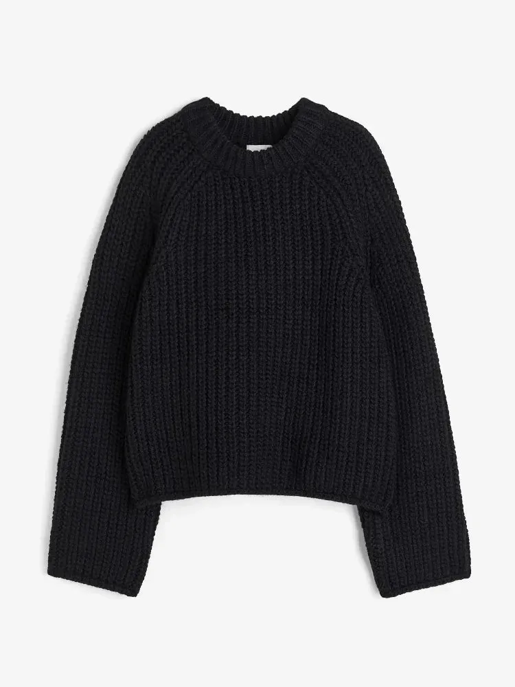 Joskaa Oversized Long Sleeve O-neck Knitted Pullover For Women Fashion Thick Short Crochet Sweaters Autumn Warm Lady Chic Outerwear