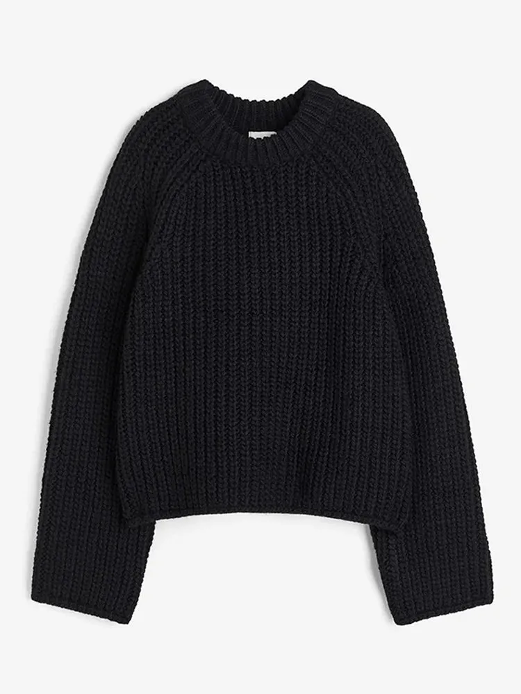 Joskaa Oversized Long Sleeve O-neck Knitted Pullover For Women Fashion Thick Short Crochet Sweaters Autumn Warm Lady Chic Outerwear