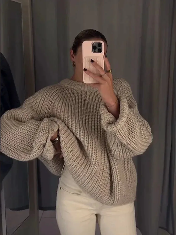 Joskaa Oversized Long Sleeve O-neck Knitted Pullover For Women Fashion Thick Short Crochet Sweaters Autumn Warm Lady Chic Outerwear