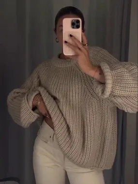 Joskaa Oversized Long Sleeve O-neck Knitted Pullover For Women Fashion Thick Short Crochet Sweaters Autumn Warm Lady Chic Outerwear