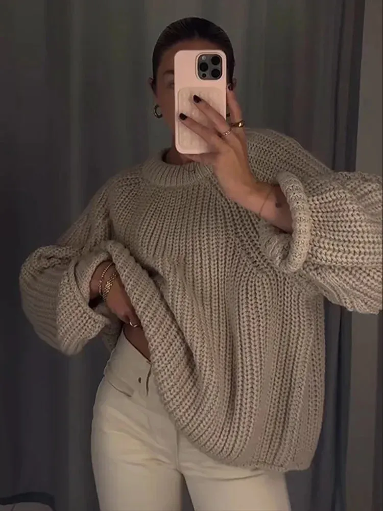 Joskaa Oversized Long Sleeve O-neck Knitted Pullover For Women Fashion Thick Short Crochet Sweaters Autumn Warm Lady Chic Outerwear
