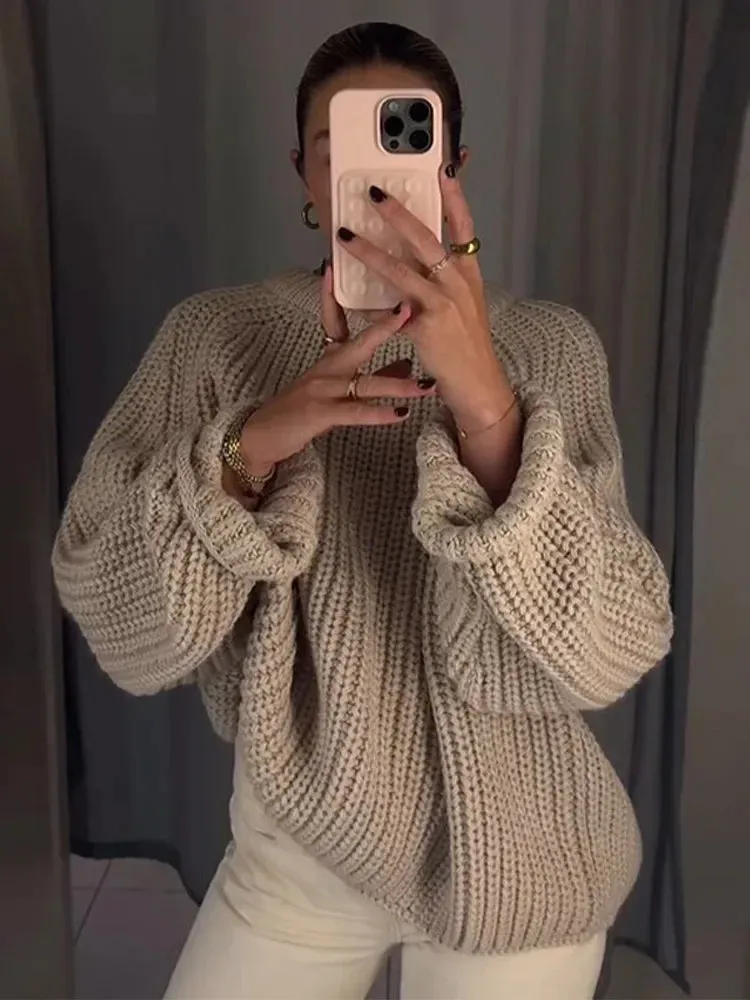 Joskaa Oversized Long Sleeve O-neck Knitted Pullover For Women Fashion Thick Short Crochet Sweaters Autumn Warm Lady Chic Outerwear