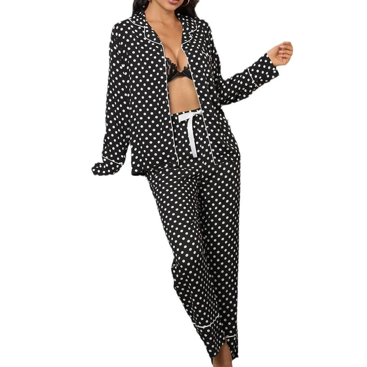 Ladies' Polka Dot Printed Long-sleeved Two-piece Pajamas Set