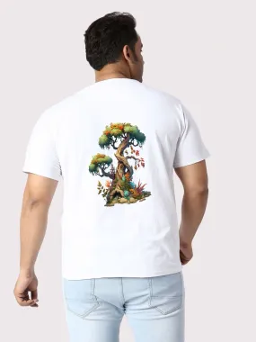Men Plus Size White Bonsai Tree Printed Round Neck T-Shirt