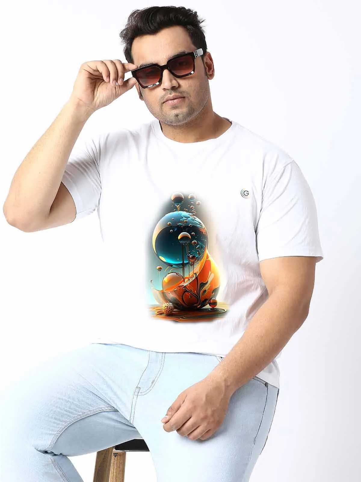 Men Plus Size White Water Bubble Circle Round Neck T-Shirt