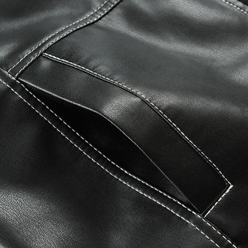 Men's Zipper Stand Collar Leather Jackets Windproof Waterproof Outwear Coats Motorcycle Bilker Jacket Fit Slim Baseball Clothes