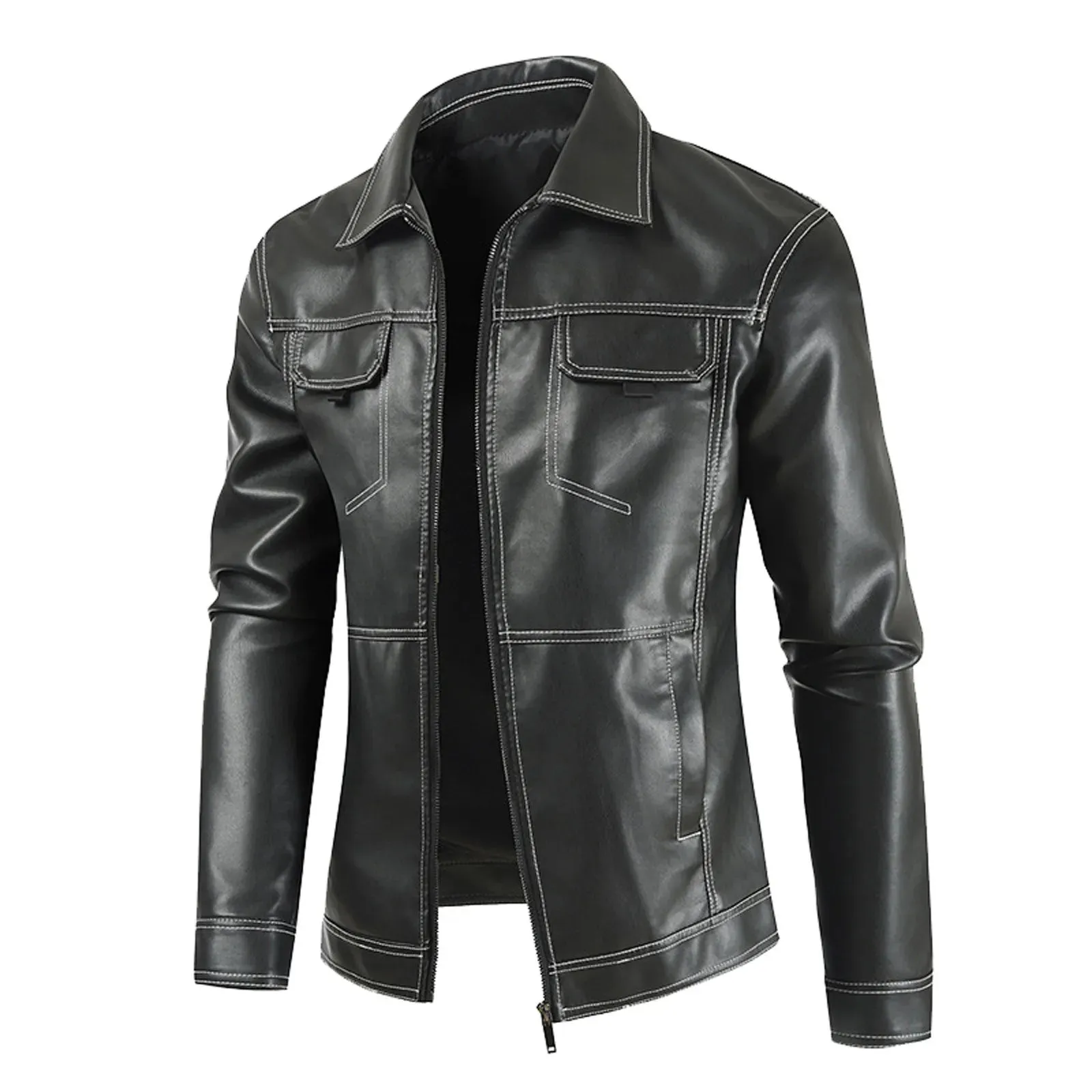Men's Zipper Stand Collar Leather Jackets Windproof Waterproof Outwear Coats Motorcycle Bilker Jacket Fit Slim Baseball Clothes