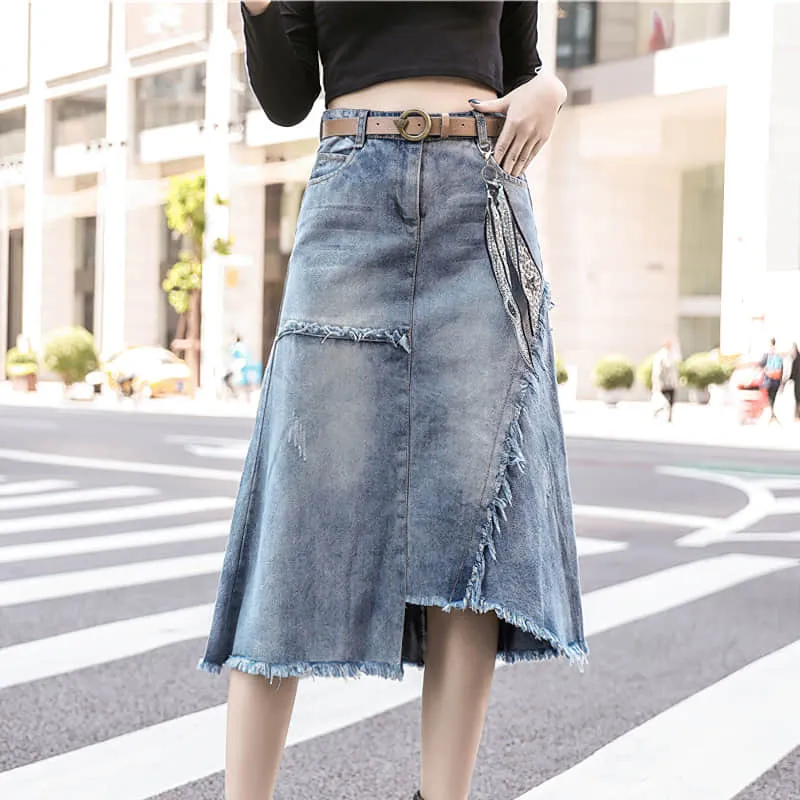 Mid-length irregular A-line skirt with raw edges