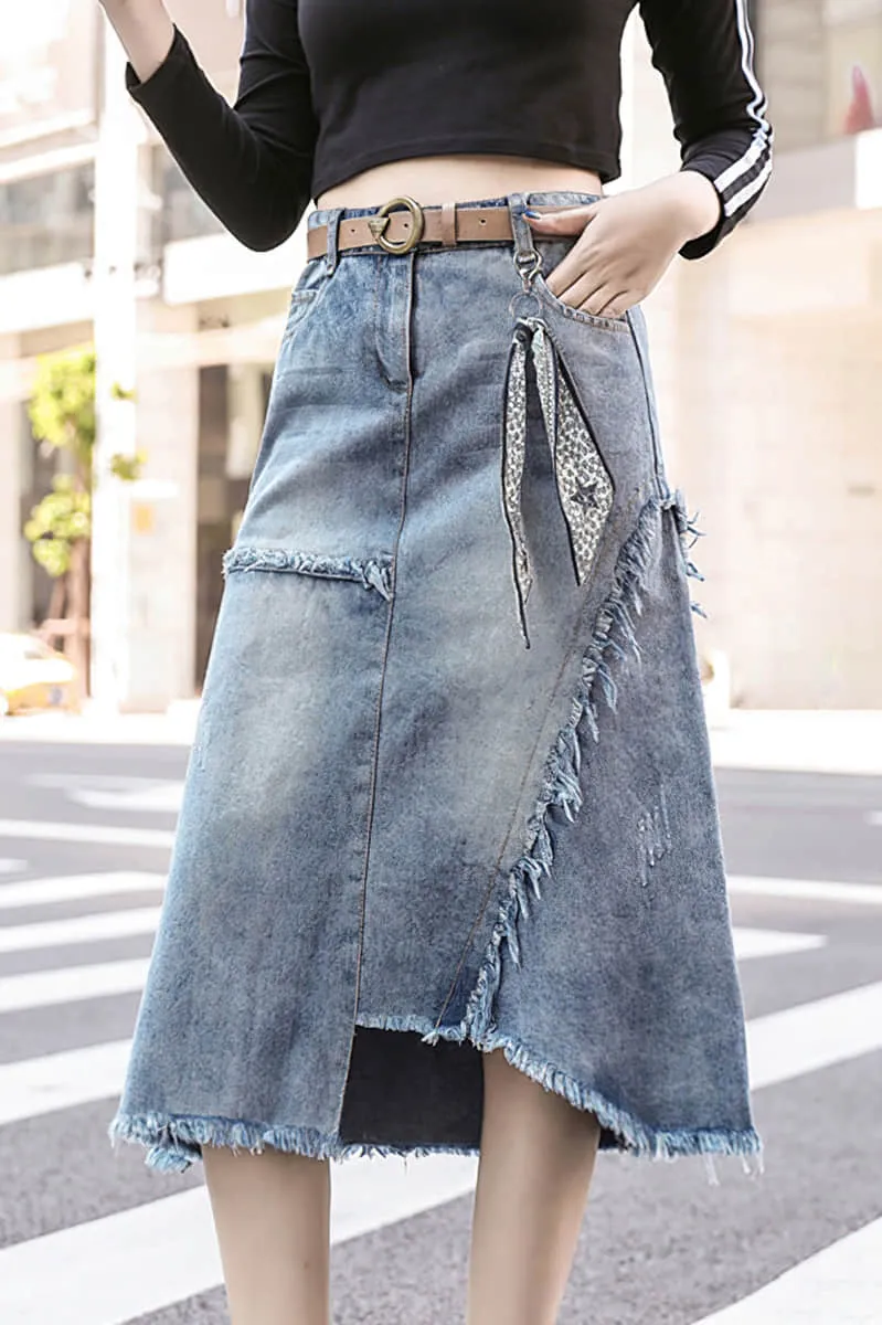 Mid-length irregular A-line skirt with raw edges