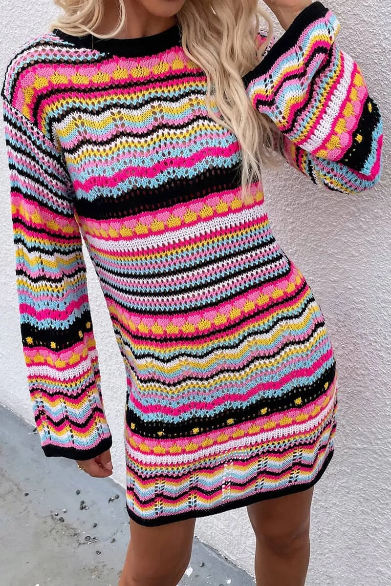 Round Neck Colorful Stripe Knitted Dress Mid Length Women's Sweater