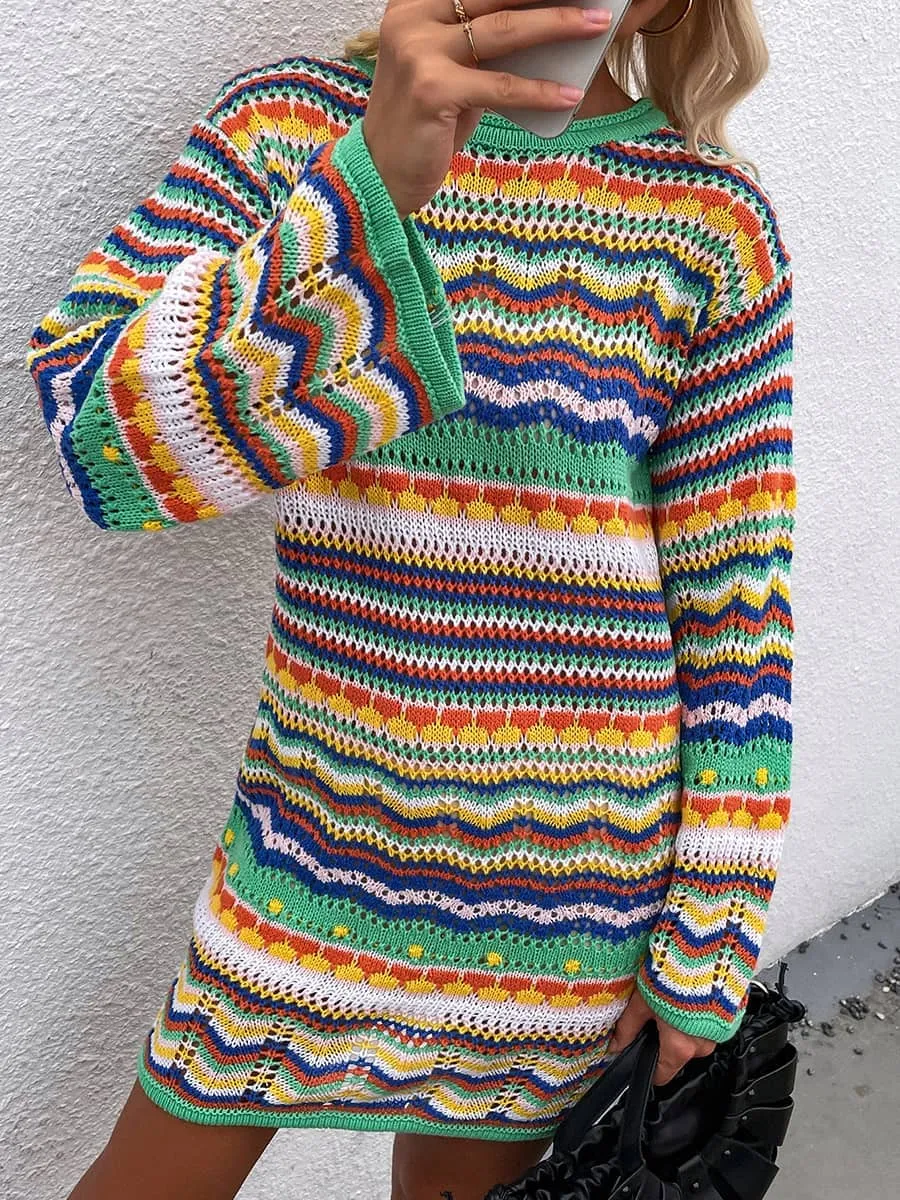 Round Neck Colorful Stripe Knitted Dress Mid Length Women's Sweater