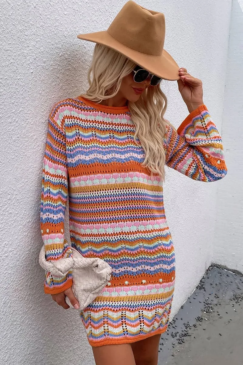 Round Neck Colorful Stripe Knitted Dress Mid Length Women's Sweater