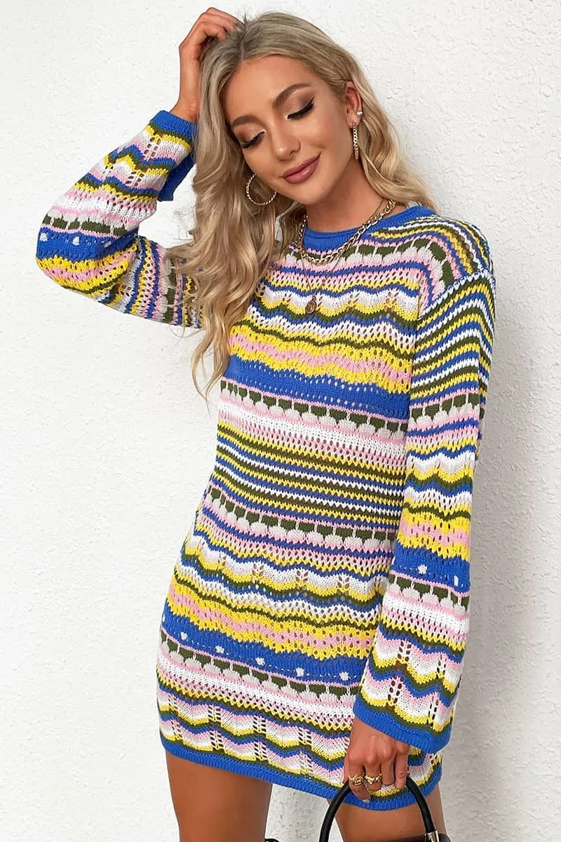 Round Neck Colorful Stripe Knitted Dress Mid Length Women's Sweater