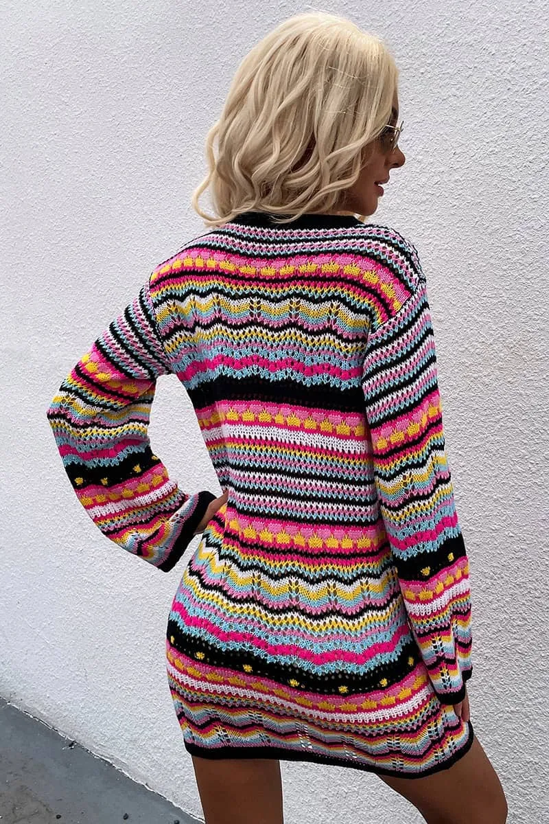Round Neck Colorful Stripe Knitted Dress Mid Length Women's Sweater