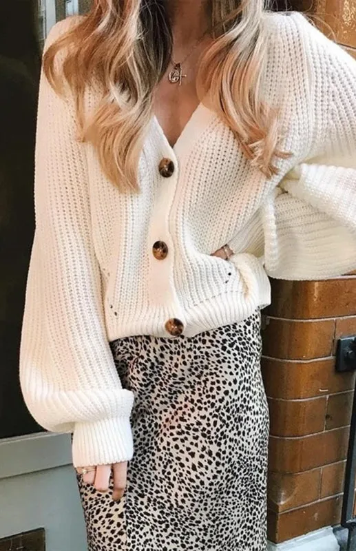 Solid V-Neck Lantern Sleeve Button Knit Cardigan