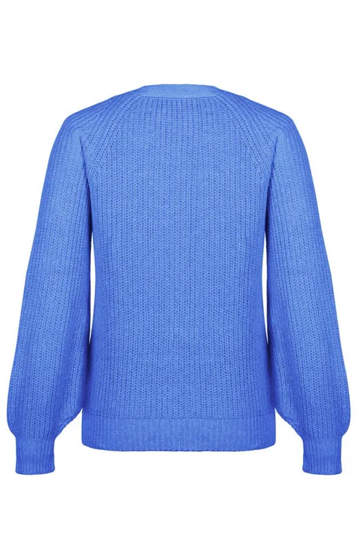 Solid V-Neck Lantern Sleeve Button Knit Cardigan