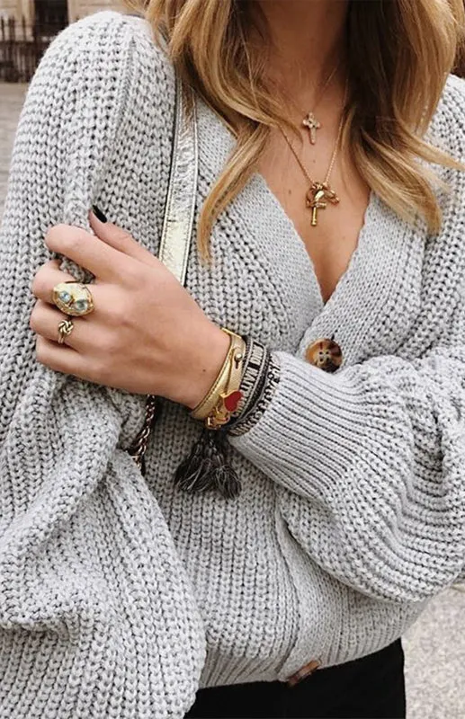 Solid V-Neck Lantern Sleeve Button Knit Cardigan