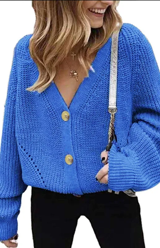 Solid V-Neck Lantern Sleeve Button Knit Cardigan