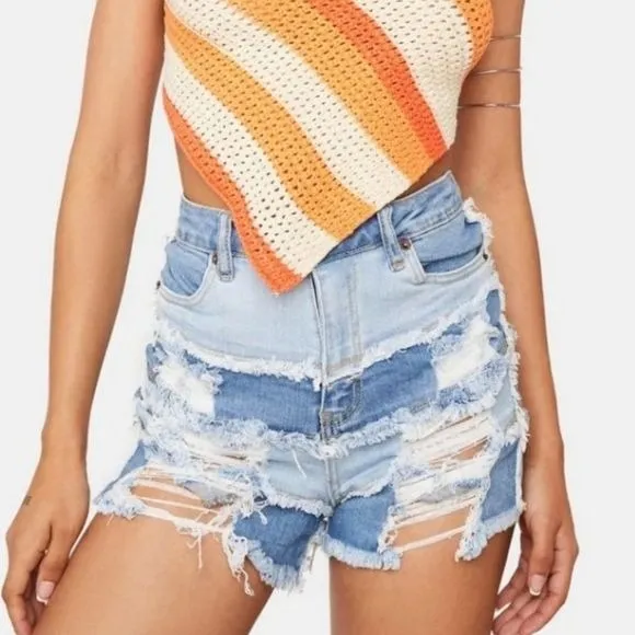 Soul Happy Patchwork Denim Shorts | High Waisted Frayed Hems
