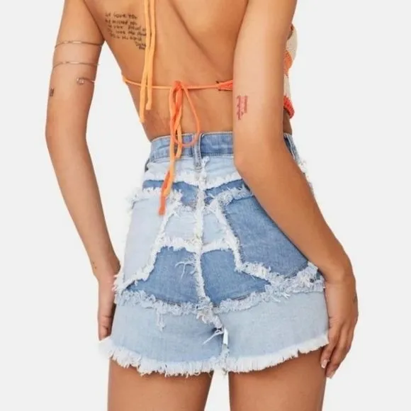 Soul Happy Patchwork Denim Shorts | High Waisted Frayed Hems