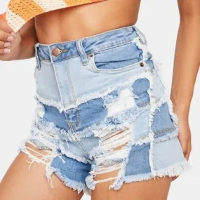 Soul Happy Patchwork Denim Shorts | High Waisted Frayed Hems